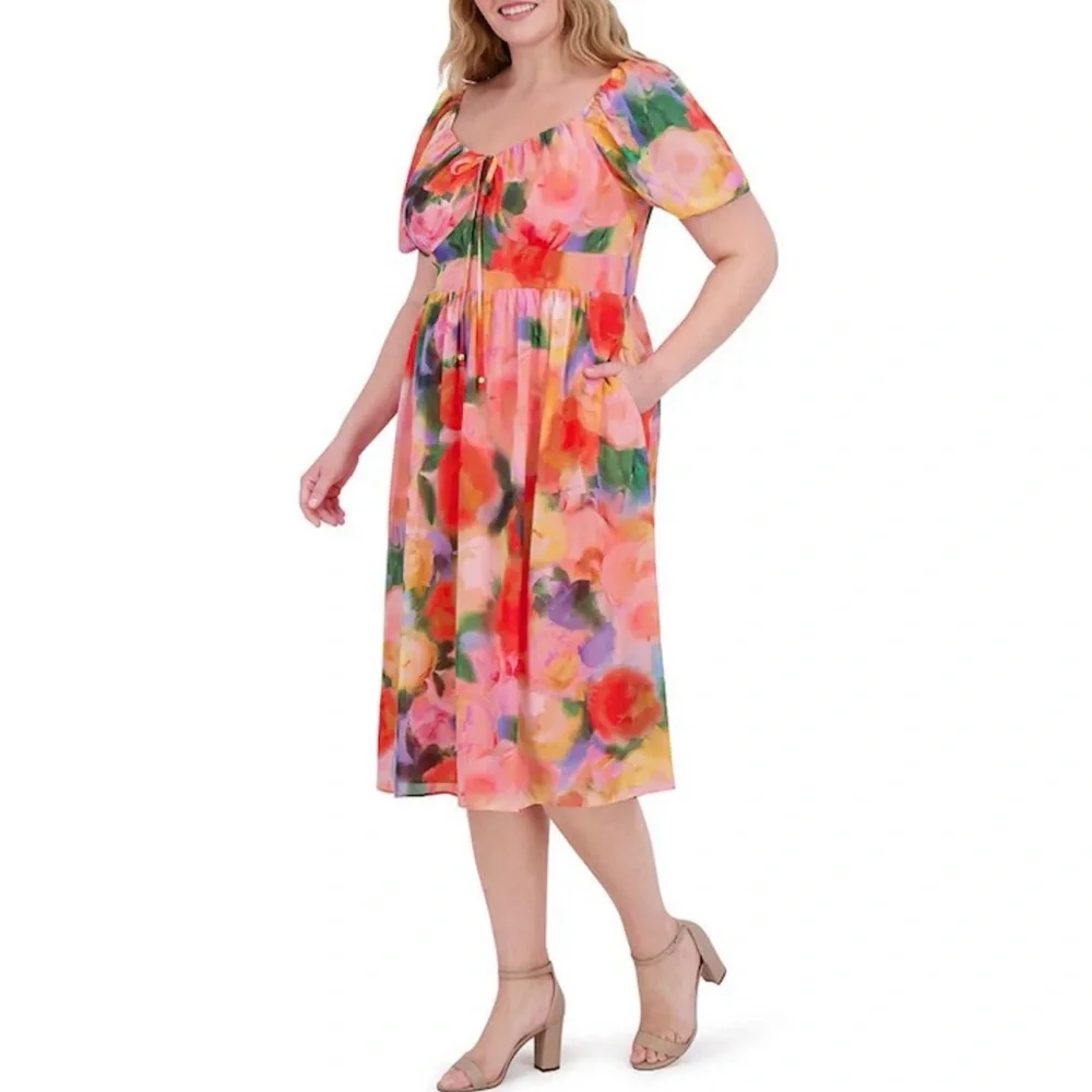 NWT Vince Camuto Plus Floral Chiffon A-Line Midi Dress Puff Sleeve w/Pockets 18W - Picture 8 of 10